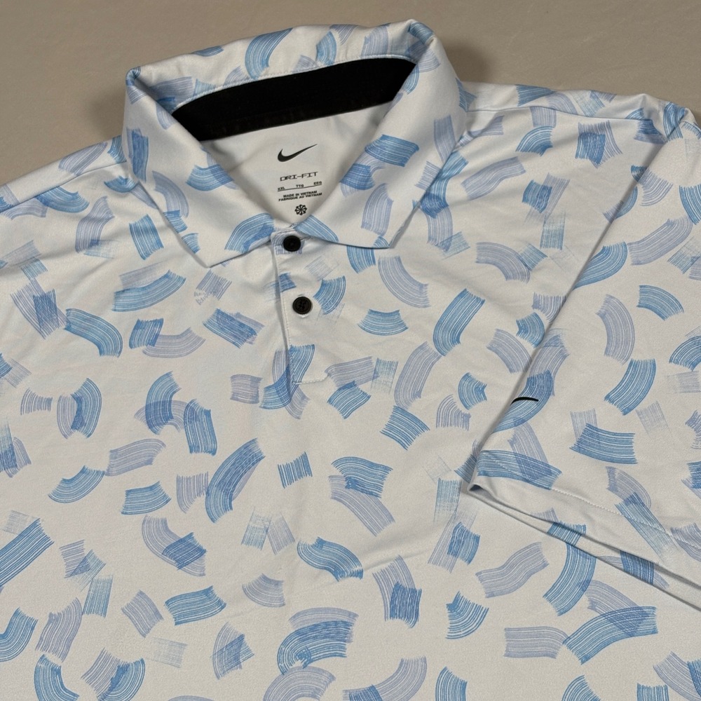 Nike Polo Mens XXL Dri-FIT White Blue Abstract Brushstroke Short Sleeve Sport